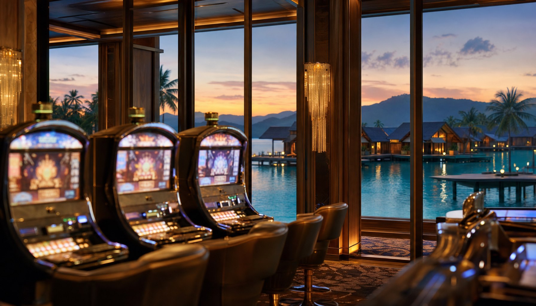 DANAUHOKI88 lakefront casino resort with slot machines at golden hour